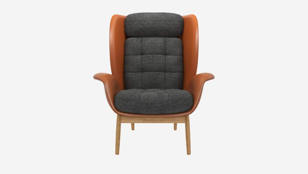 Fauteuil en cuir Savoy cognac et tissu Melina - Gris ardoise 