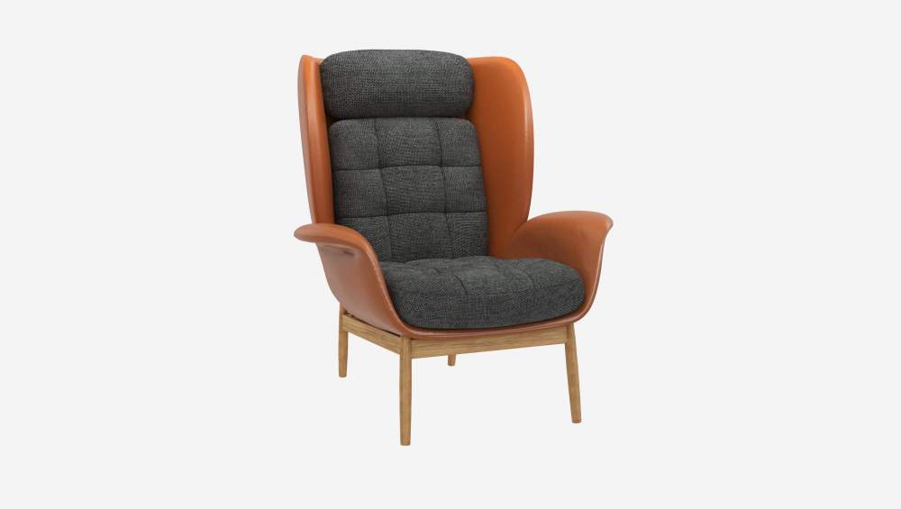 Fauteuil en cuir Savoy cognac et tissu Melina - Gris ardoise 