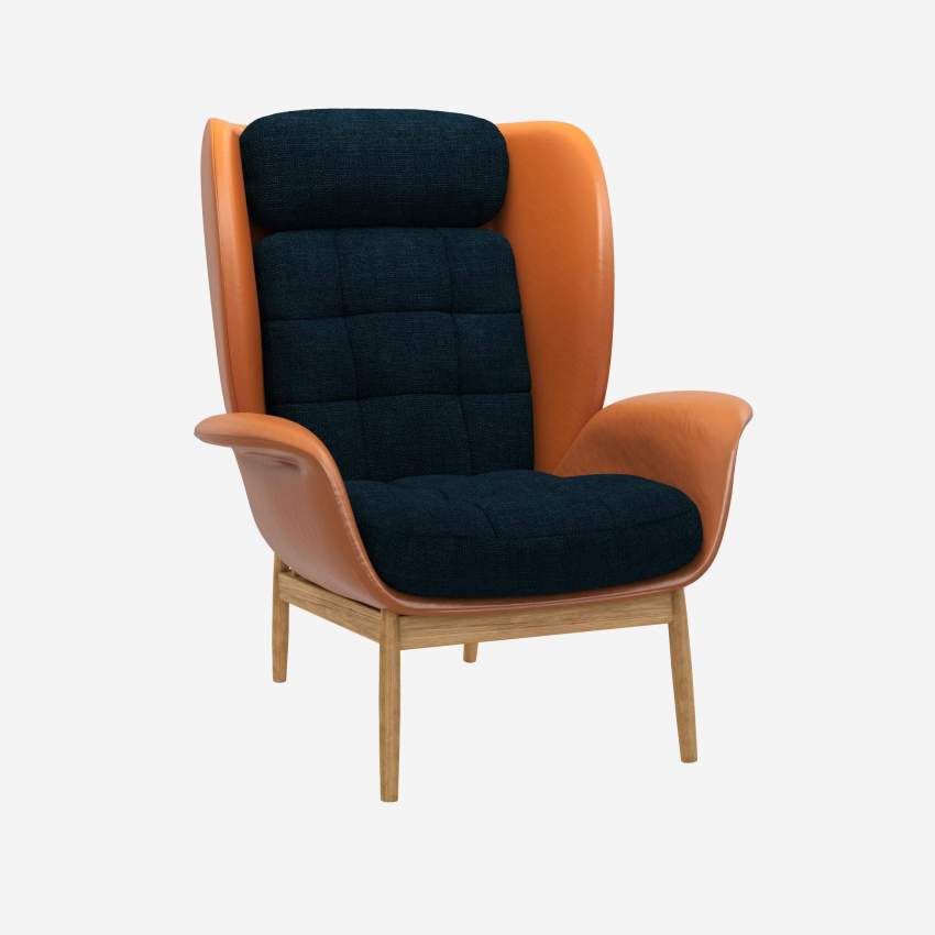 Fauteuil en cuir Savoy cognac et tissu Melina - Bleu encre 