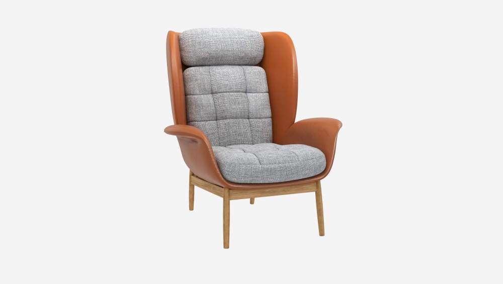 Fauteuil en cuir Savoy cognac et tissu Melina - Gris asphalte 