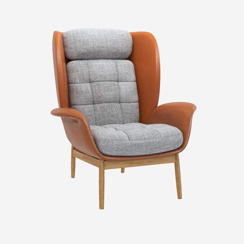 Fauteuil en cuir Savoy cognac et tissu Melina - Gris asphalte 