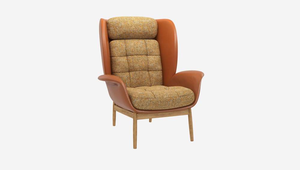 Fauteuil en cuir Savoy cognac et tissu Alba - Jaune soleil 