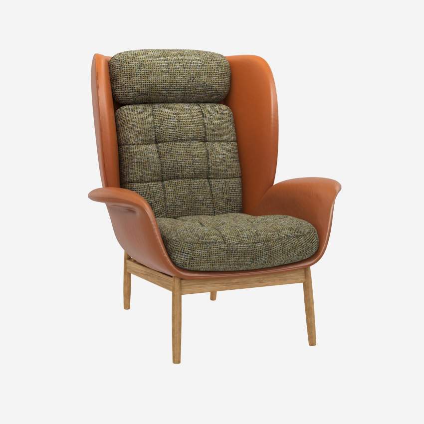 Fauteuil en cuir Savoy cognac et tissu Alba - Vert orage 