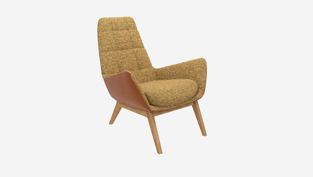 Fauteuil en tissu Venezia Jaune épice et cuir Vintage - Pieds chêne