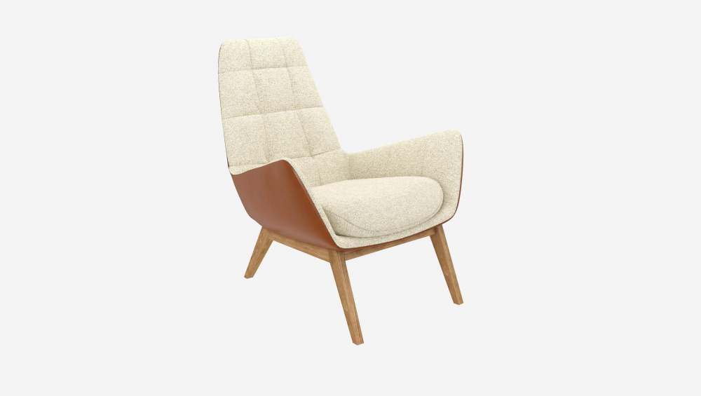 Fauteuil en tissu Venezia Blanc craie et cuir Vintage - Pieds chêne