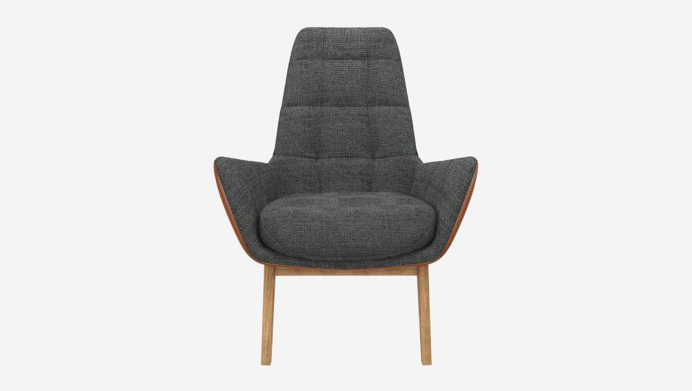 Fauteuil en tissu Melina Gris ardoise et cuir Vintage - Pieds chêne