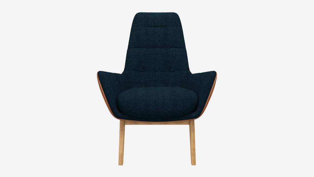 Fauteuil en tissu Melina Bleu encre et cuir Vintage - Pieds chêne