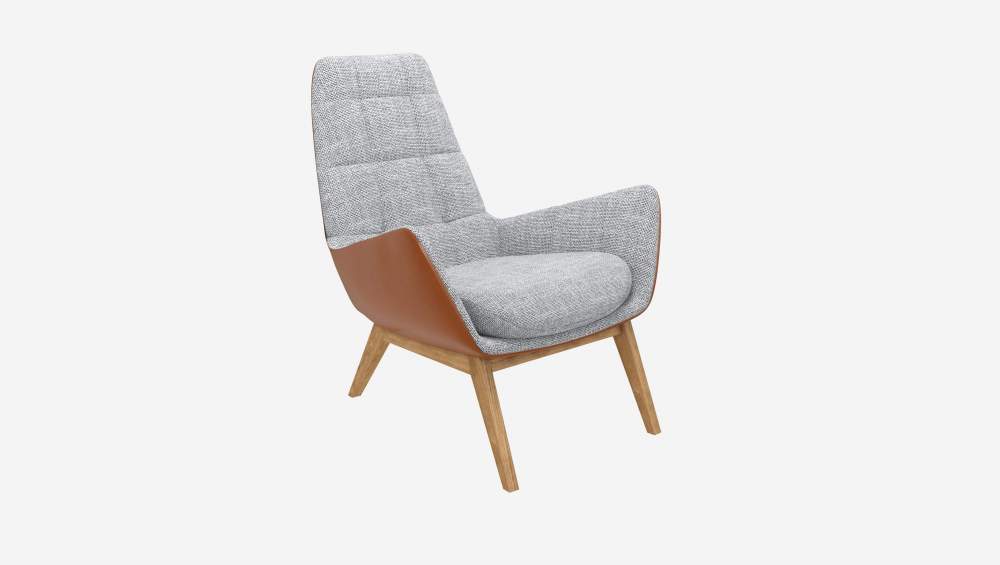 Fauteuil en tissu Melina Gris asphalte et cuir Vintage - Pieds chêne