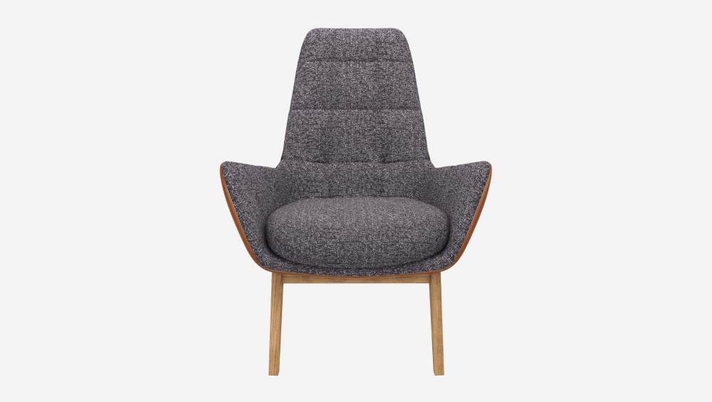 Fauteuil en tissu Lucca Bleu zingué et cuir Vintage - Pieds chêne