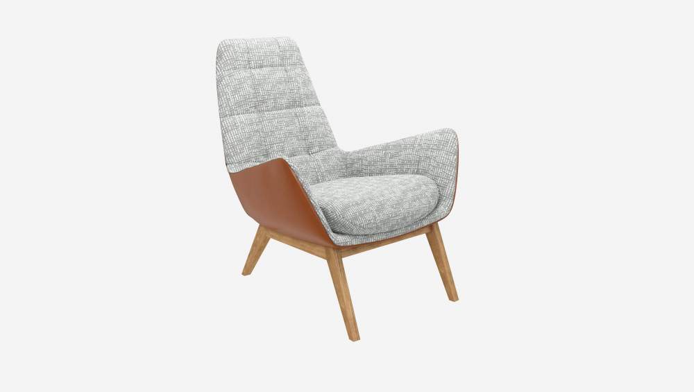 Fauteuil en tissu Alba Gris brume et cuir Vintage - Pieds chêne