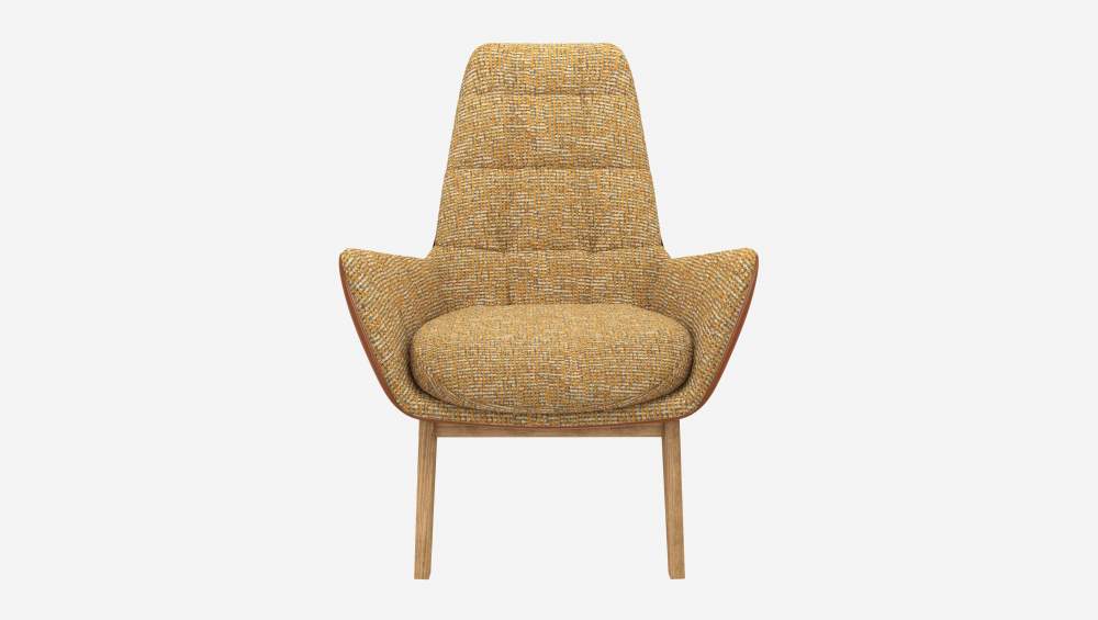 Fauteuil en tissu Alba Jaune soleil et cuir Vintage - Pieds chêne