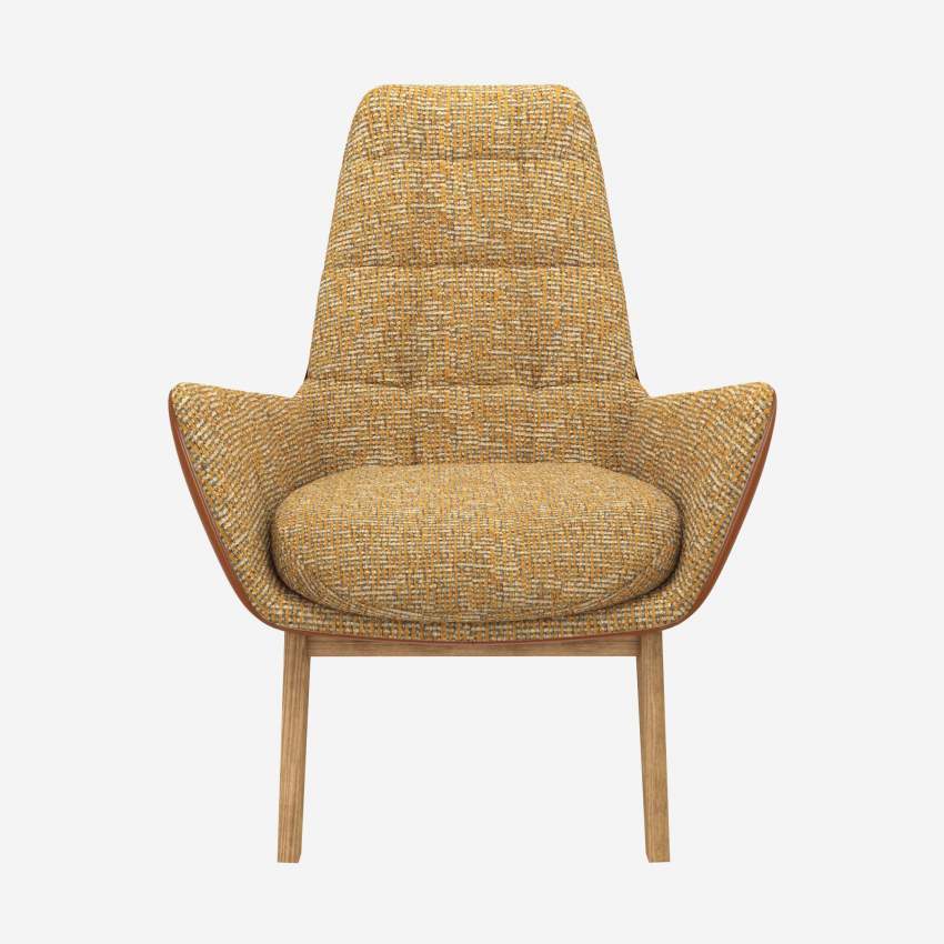 Fauteuil en tissu Alba Jaune soleil et cuir Vintage - Pieds chêne