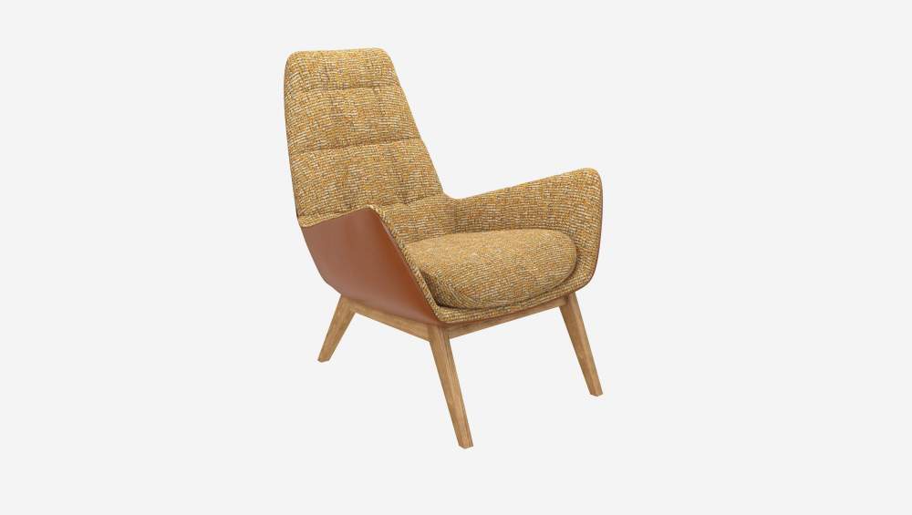 Fauteuil en tissu Alba Jaune soleil et cuir Vintage - Pieds chêne