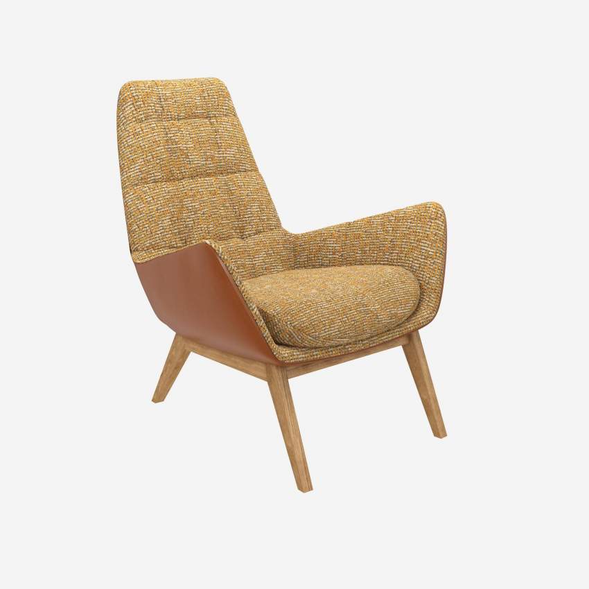 Fauteuil en tissu Alba Jaune soleil et cuir Vintage - Pieds chêne