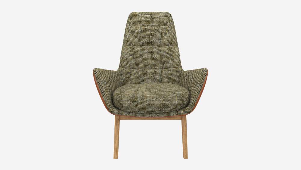 Fauteuil en tissu Alba Vert orage et cuir Vintage - Pieds chêne