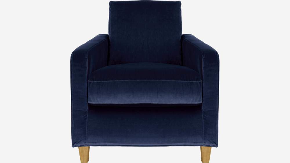 Fauteuil en velours - Bleu marine - Pieds chêne