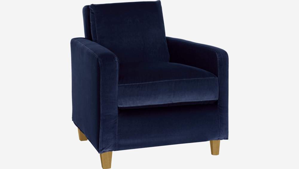 Fauteuil en velours - Bleu marine - Pieds chêne