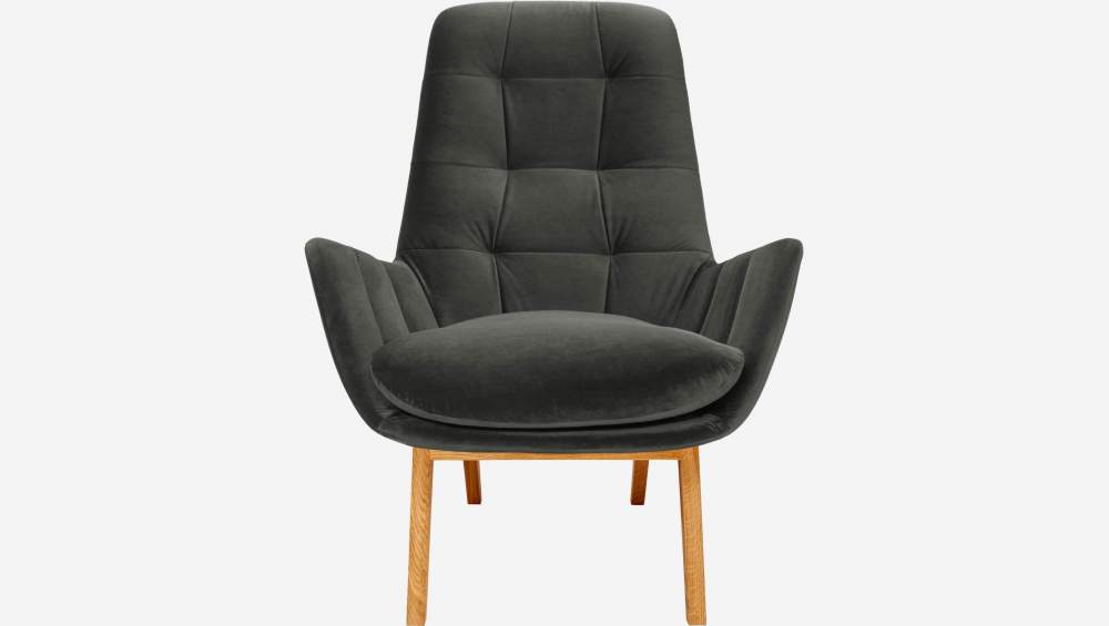 Fauteuil en velours - Gris ardoise - Pieds chêne