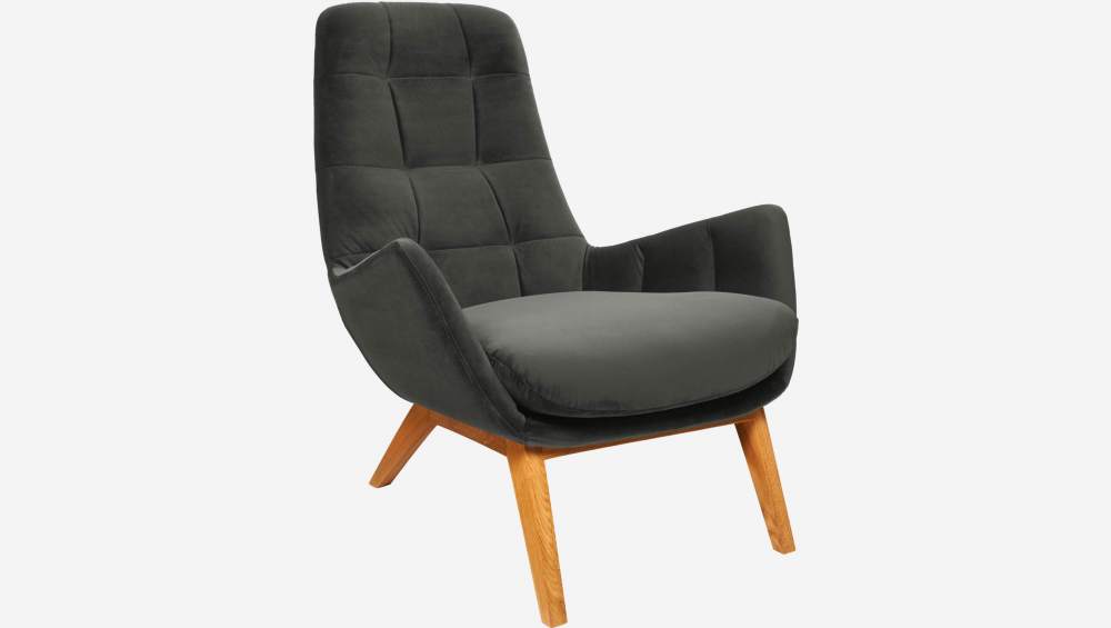 Fauteuil en velours - Gris ardoise - Pieds chêne