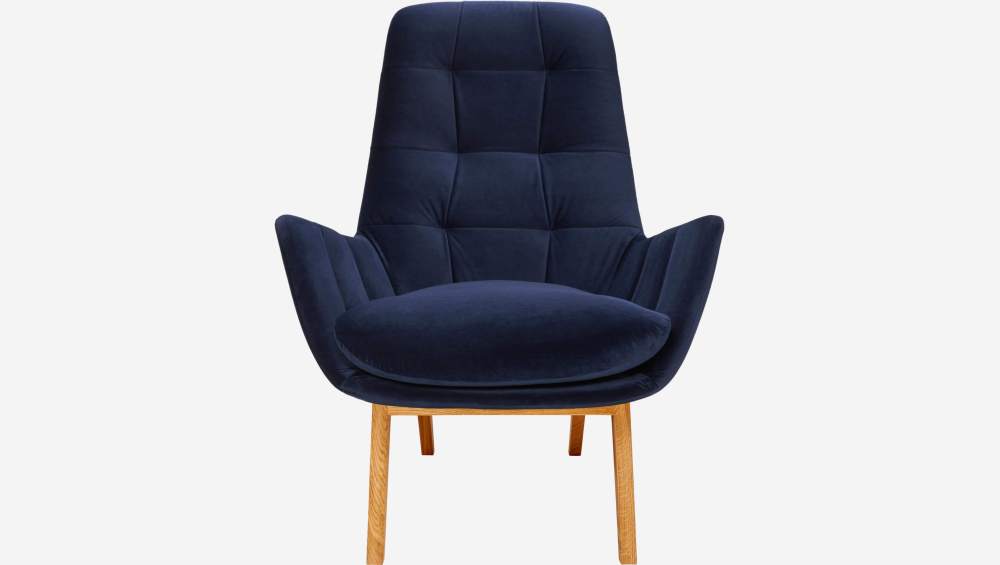 Fauteuil en velours - Bleu encre - Pieds chêne