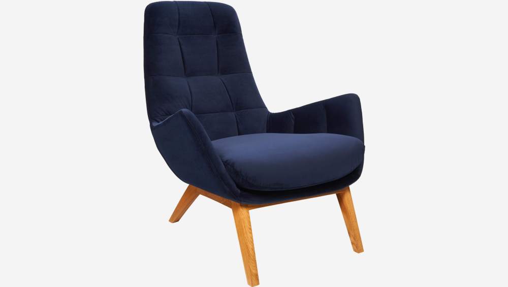 Fauteuil en velours - Bleu encre - Pieds chêne