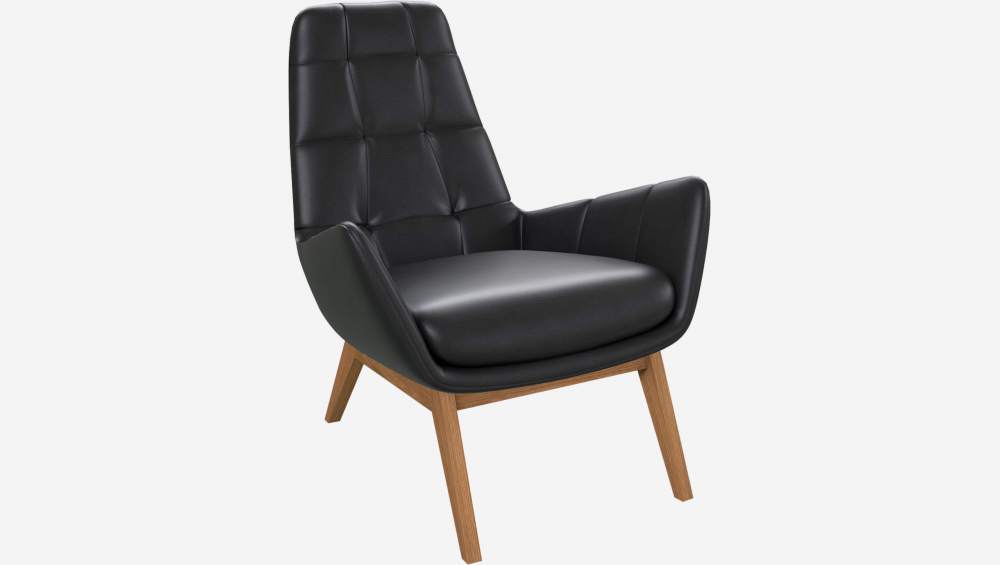 Fauteuil en cuir Savoy - Noir obsidienne - Pieds chêne