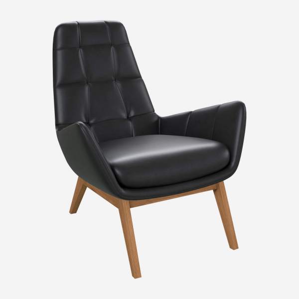 Fauteuil en cuir Savoy - Noir obsidienne - Pieds chêne