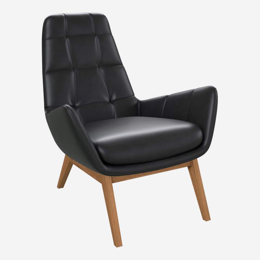 Fauteuil en cuir Savoy - Noir obsidienne - Pieds chêne