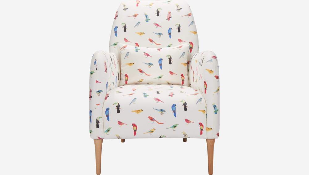 Fauteuil en tissu motif oiseaux et pieds en chêne