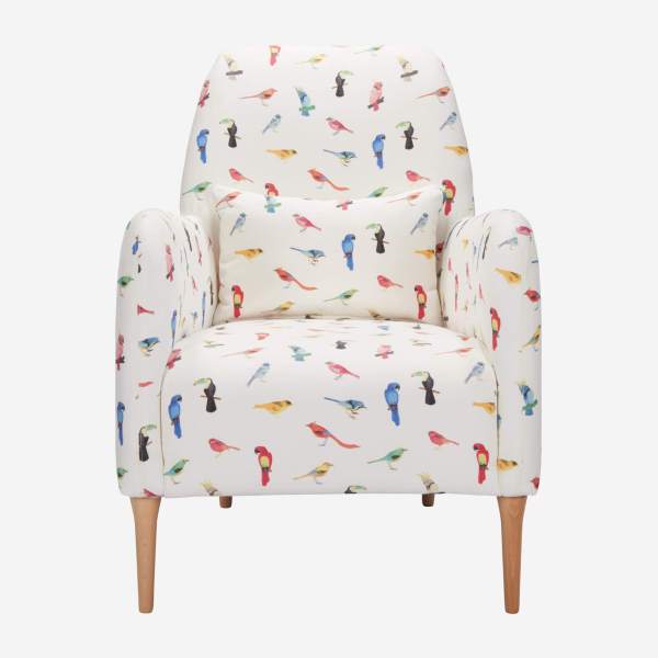 Fauteuil en tissu motif oiseaux et pieds en chêne