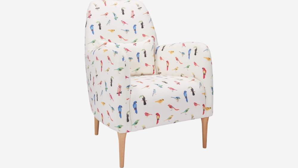 Fauteuil en tissu motif oiseaux et pieds en chêne