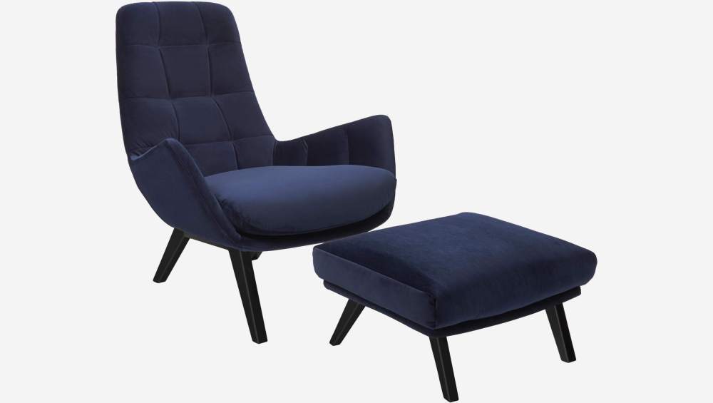 Fauteuil en velours - Bleu encre - Pieds noirs