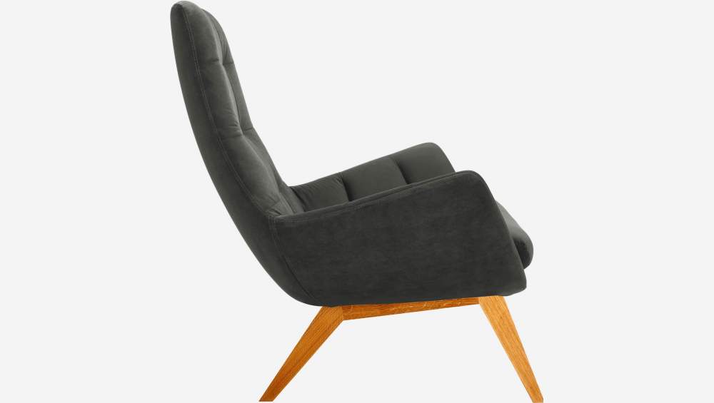 Fauteuil en velours - Gris ardoise - Pieds chêne