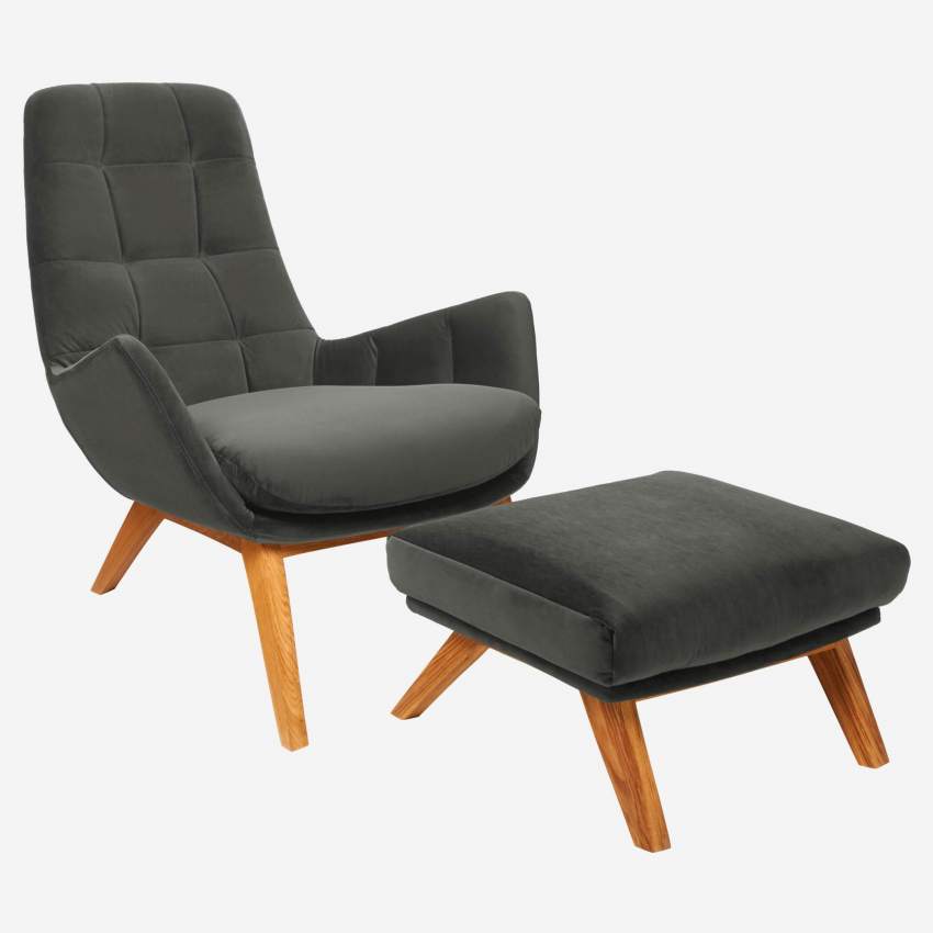 Fauteuil en velours - Gris ardoise - Pieds chêne