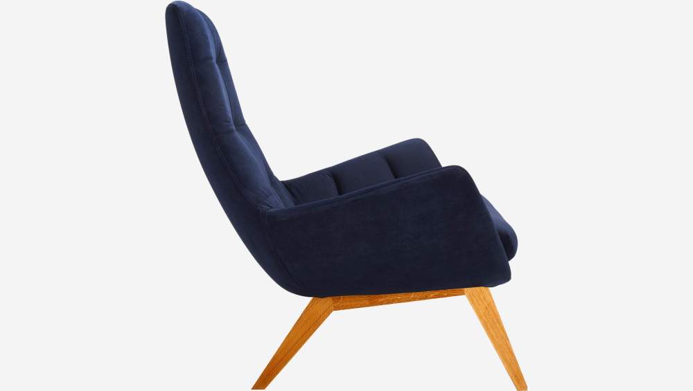 Fauteuil en velours - Bleu encre - Pieds chêne