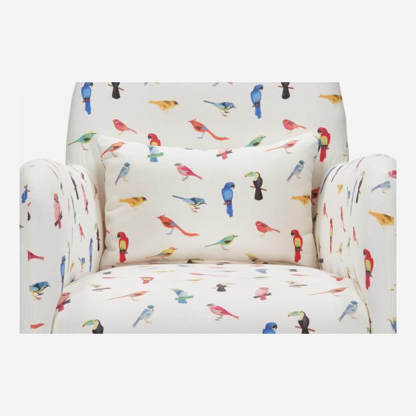 Fauteuil en tissu motif oiseaux et pieds en chêne