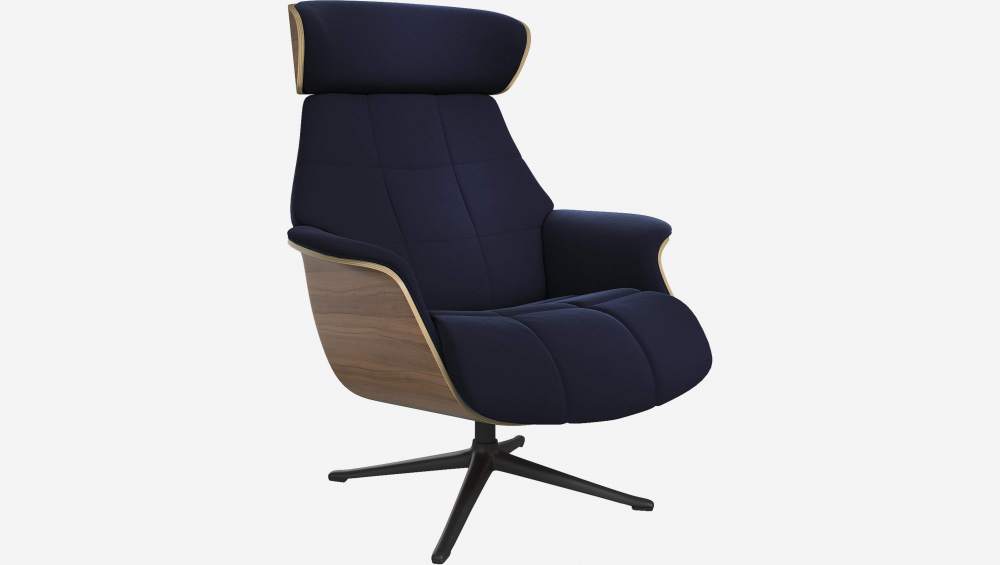 Fauteuil en noyer et velours - Bleu encre - Pied noir