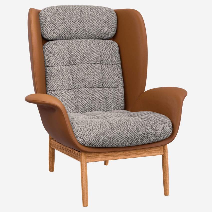 Fauteuil en cuir Savoy cognac et tissu Bellagio - Gris nocturne 