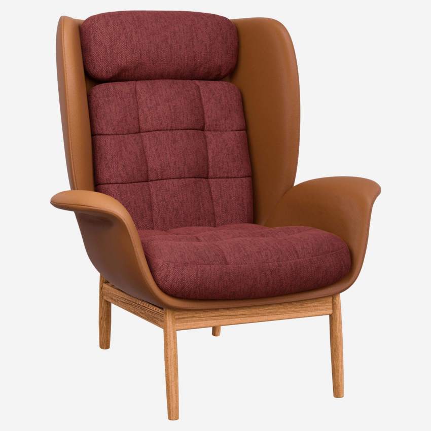 Fauteuil en cuir Savoy cognac et tissu Copparo - Rouge amourette 