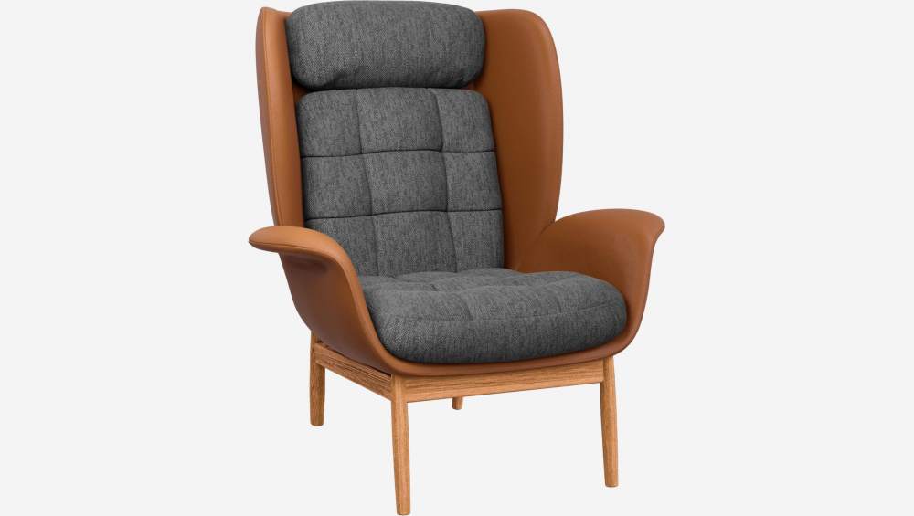 Fauteuil en cuir Savoy cognac et tissu Copparo - Gris ardoise 