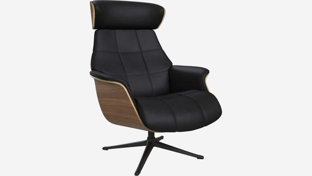 Fauteuil en noyer et cuir Savoy - Noir obsidienne - Pied noir