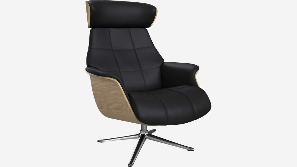 Fauteuil en chêne et cuir Savoy - Noir obsidienne - Pied aluminium