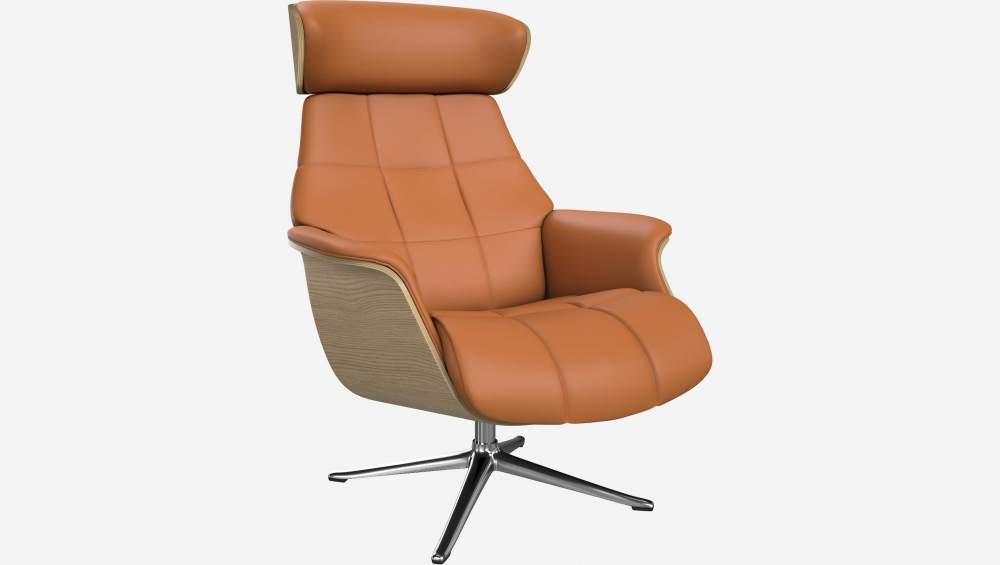 Fauteuil en chêne et cuir Savoy - marron cognac - Pied aluminium