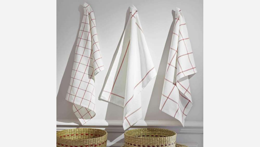 Lot de 3 torchons 70x50cm blancs rayés rouges