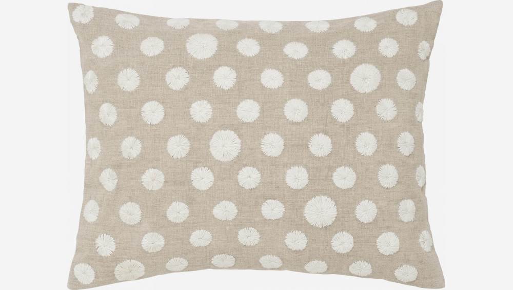 Coussin en lin avec fleurs brodées - 40 x 50 cm - Beige et Blanc