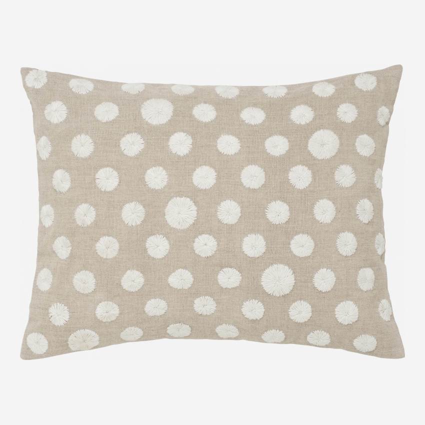 Coussin en lin avec fleurs brodées - 40 x 50 cm - Beige et Blanc