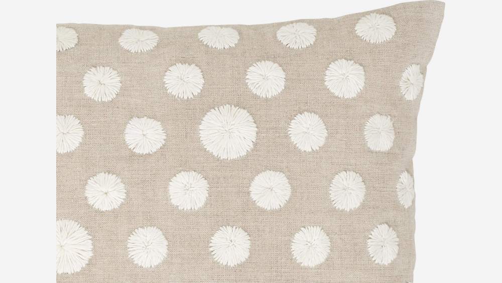 Coussin en lin avec fleurs brodées - 40 x 50 cm - Beige et Blanc