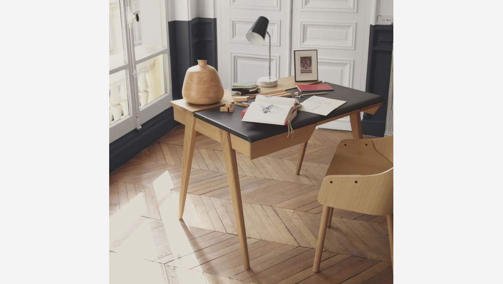 Bureau en chêne et cuir brun - 103 cm