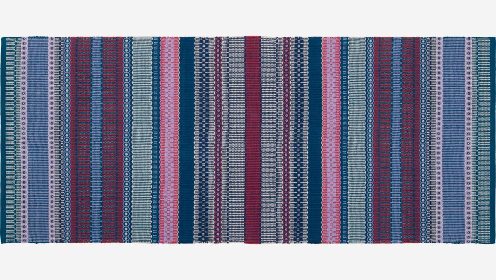 Tapis en coton tissé main - 75 x 180 cm - Motif rouge et bleu - Design by Floriane Jacques