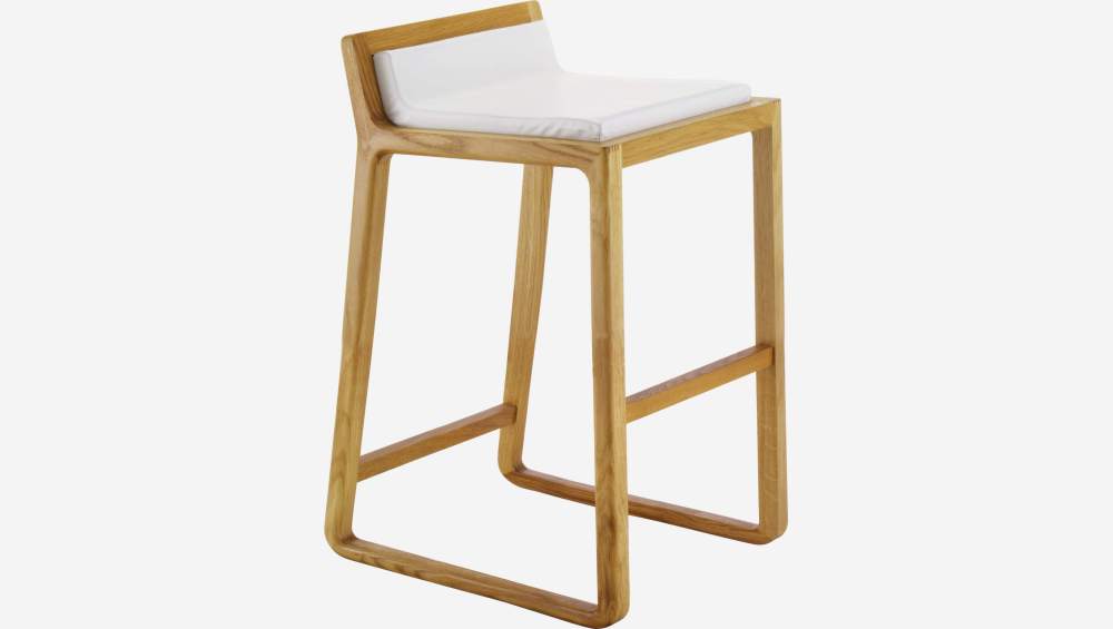 Tabouret de bar mi-haut en cuir – Blanc – Pieds chêne